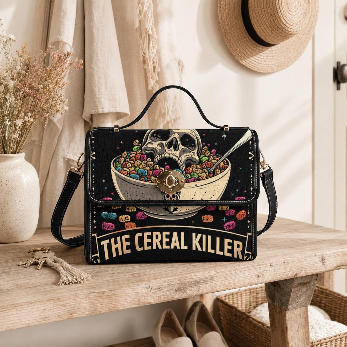 Cereal killer satchel, spooky retro crossbody, skeleton skull purse