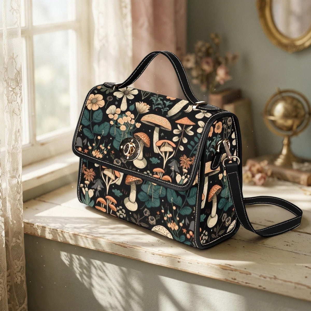 Mushroom Satchel Purse, Cottagecore Crossbody Bag, Woodland Floral Handbag for Her
