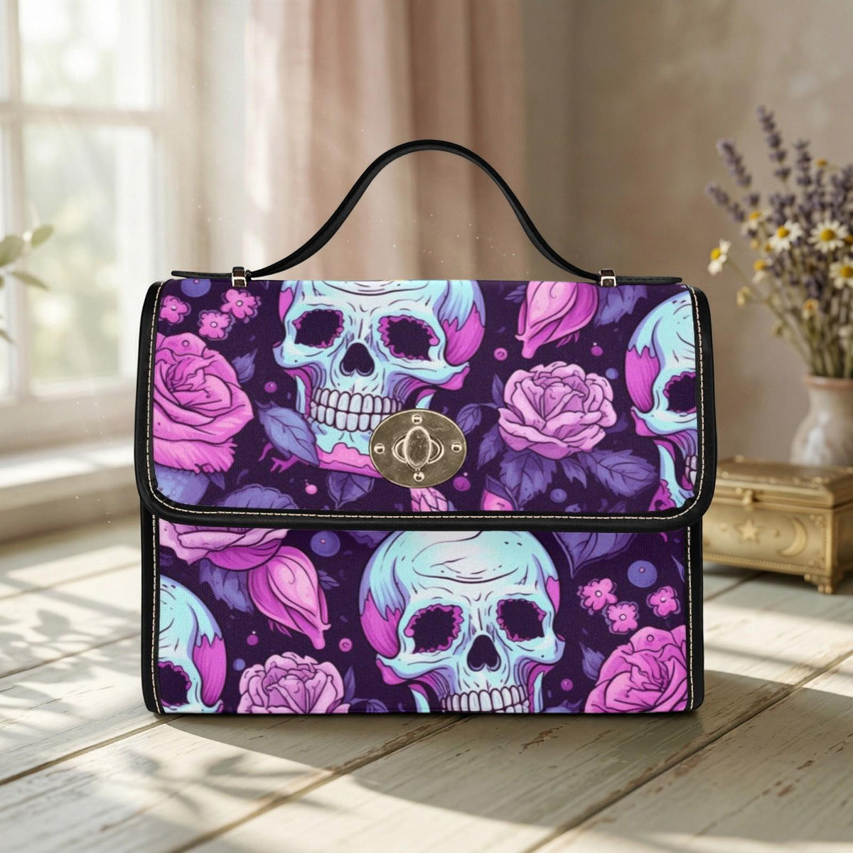 Pastel Skull Floral Crossbody Bag, Soft Goth Handbag, Witchy Accessory