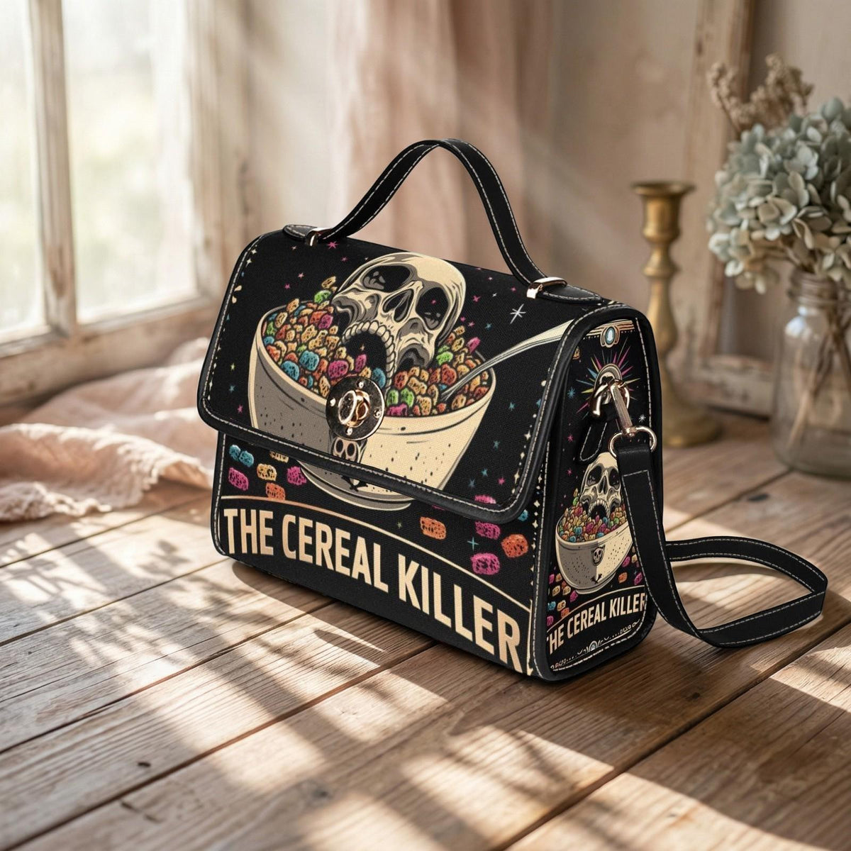 Cereal killer satchel, spooky retro crossbody, skeleton skull purse