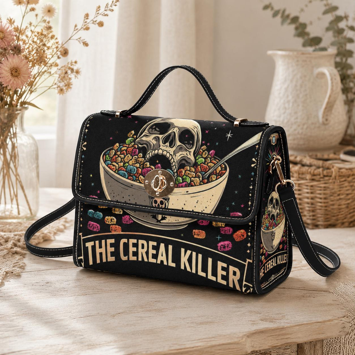Cereal killer satchel, spooky retro crossbody, skeleton skull purse