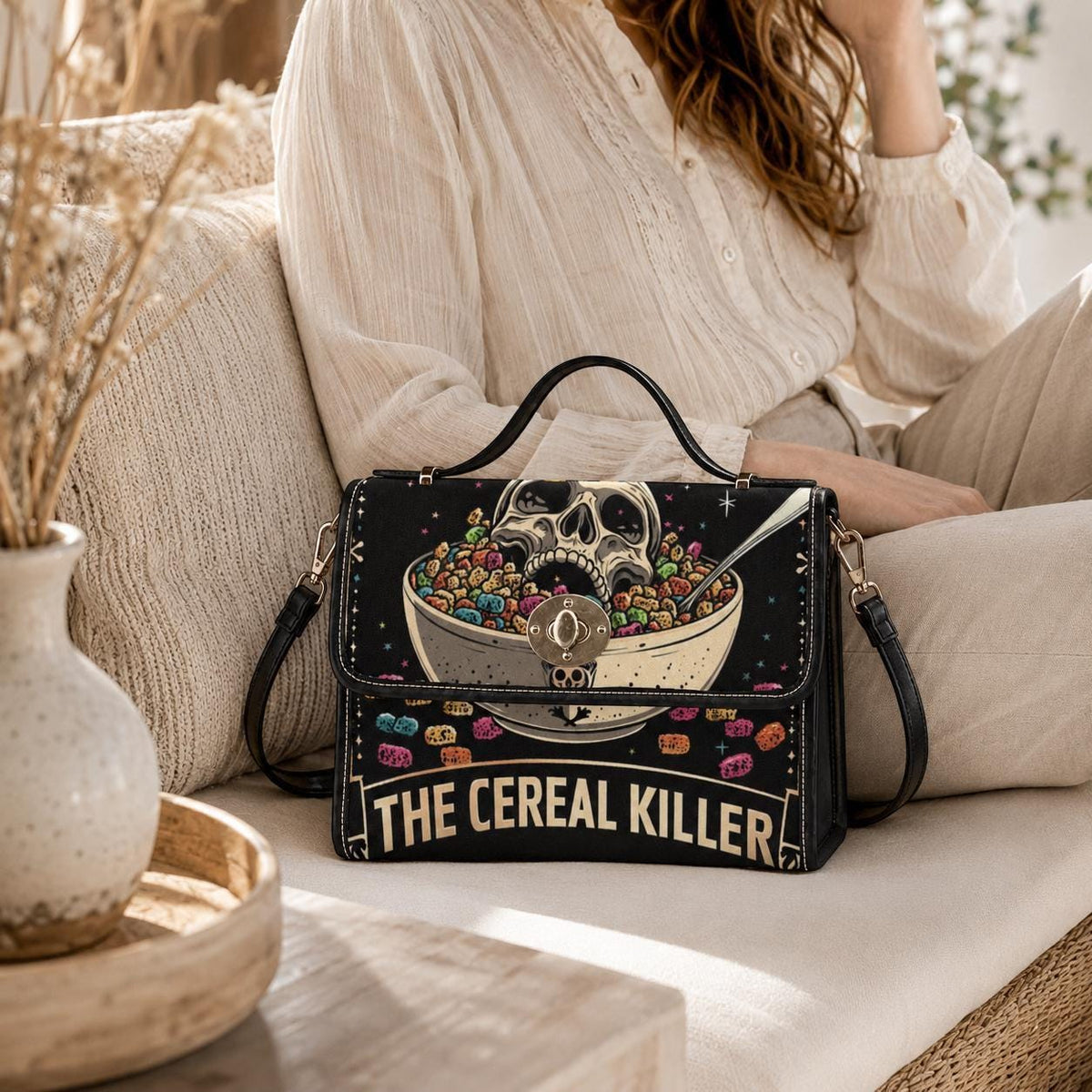 Dark humor shoulder bag, cereal killer canvas satchel, alt goth streetwear purse