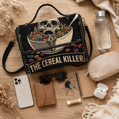 Dark humor shoulder bag, cereal killer canvas satchel, alt goth streetwear purse