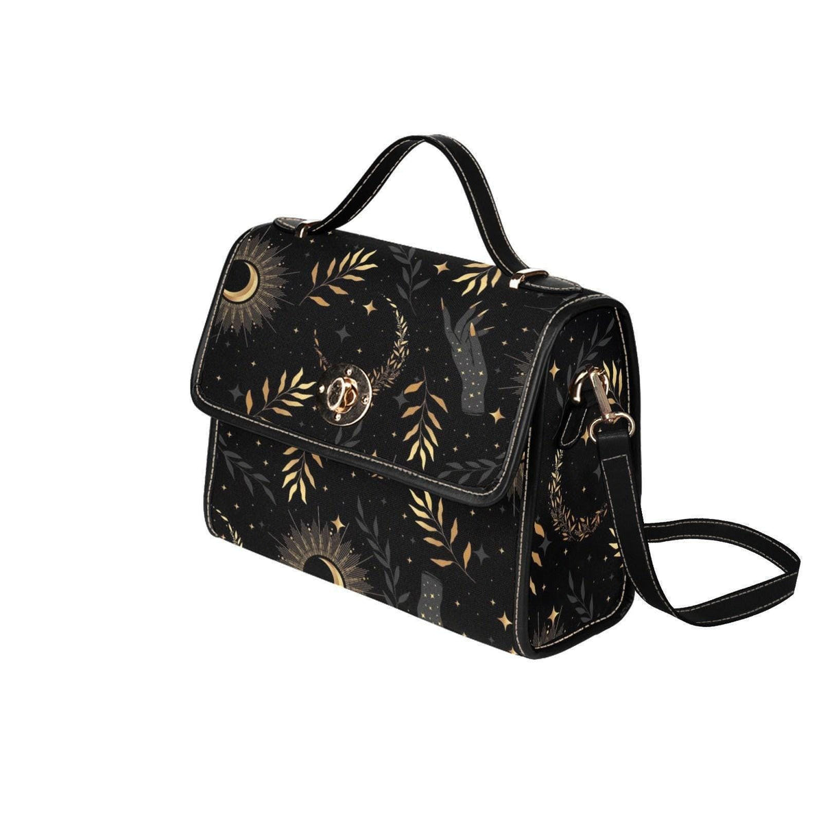 Black Celestial Moon Phase Satchel Purse, Gold Leaf Star Print Top Handle Bag