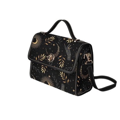 Black Celestial Moon Phase Satchel Purse, Gold Leaf Star Print Top Handle Bag