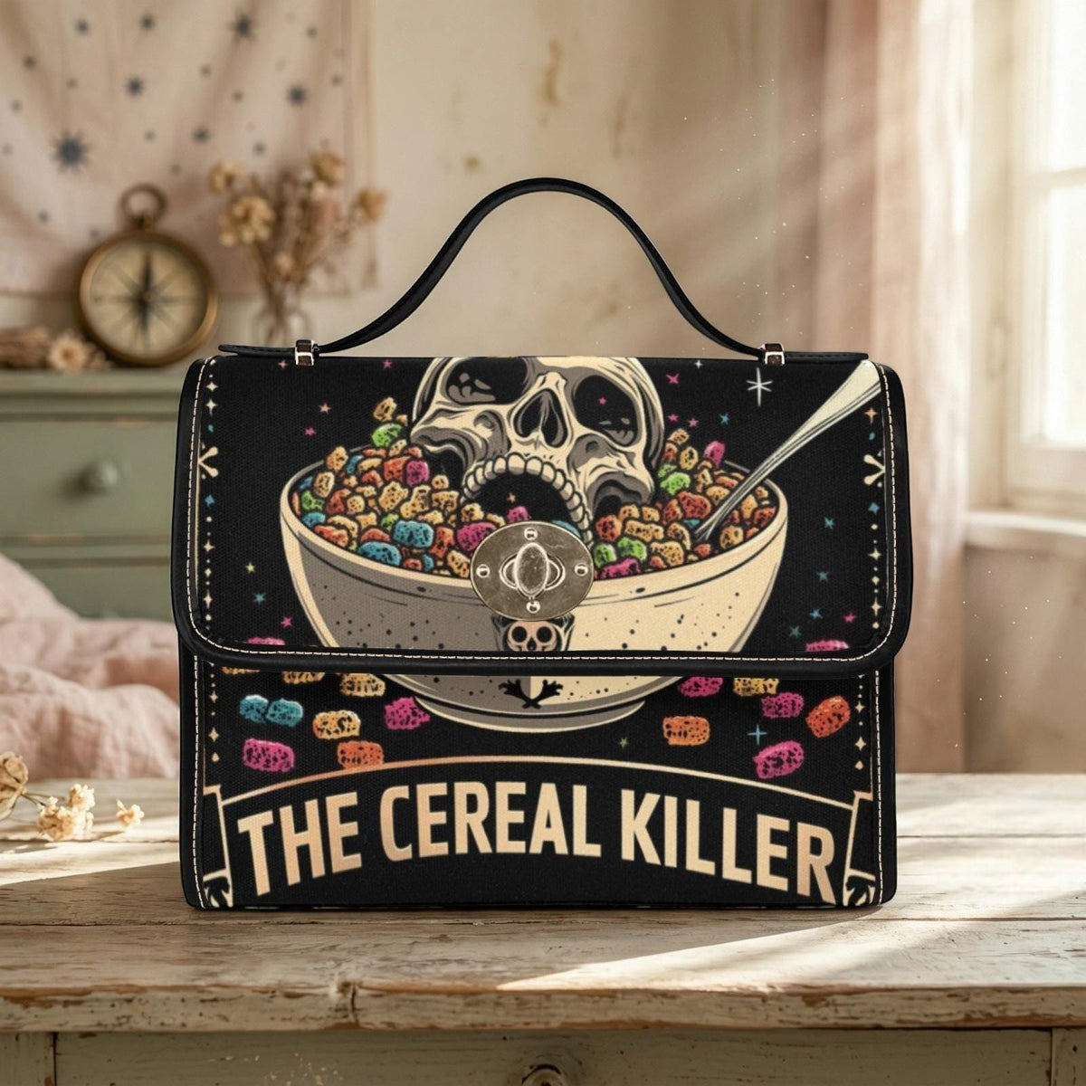 Dark humor shoulder bag, cereal killer canvas satchel, alt goth streetwear purse