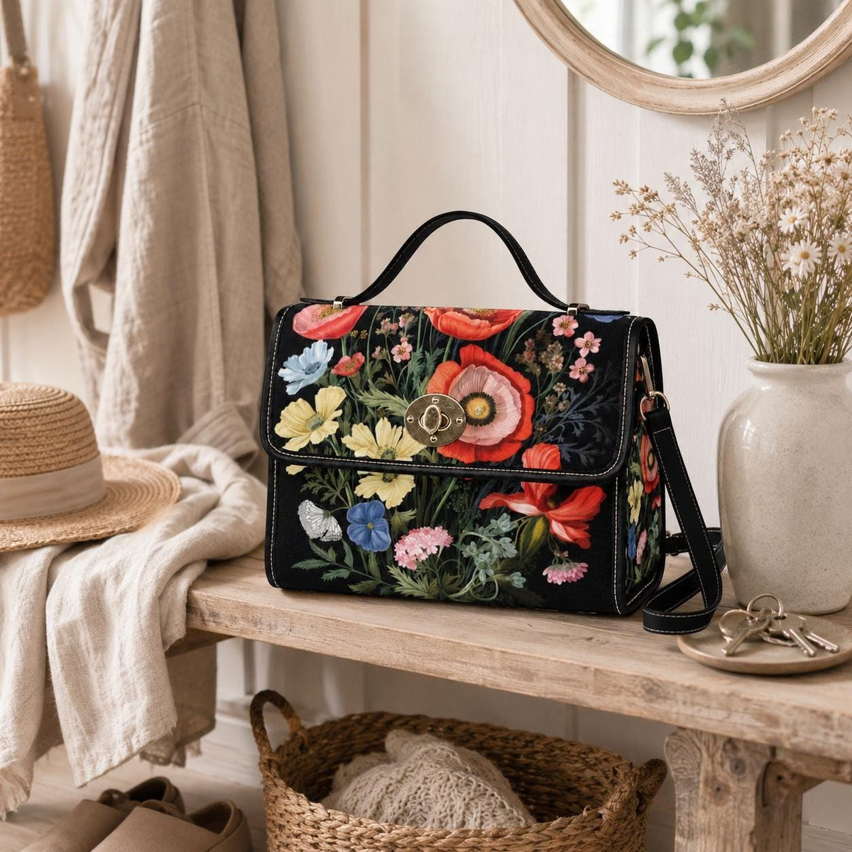 Vintage Botanical Purse, Moody Floral Satchel, Romantic Cottagecore Handbag
