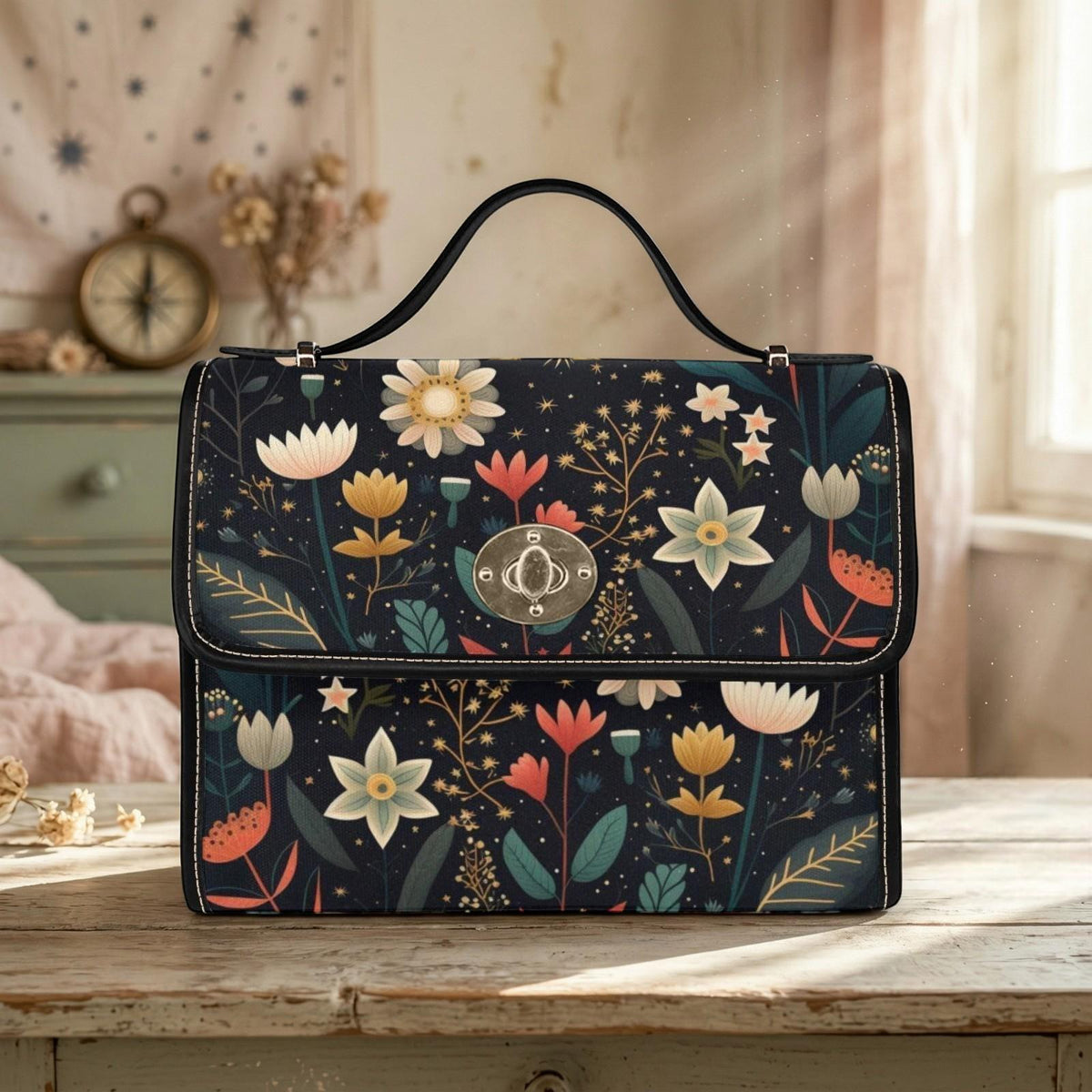 Celestial Floral Crossbody Bag, Moonlit Satchel Purse, Dark Cottagecore Handbag