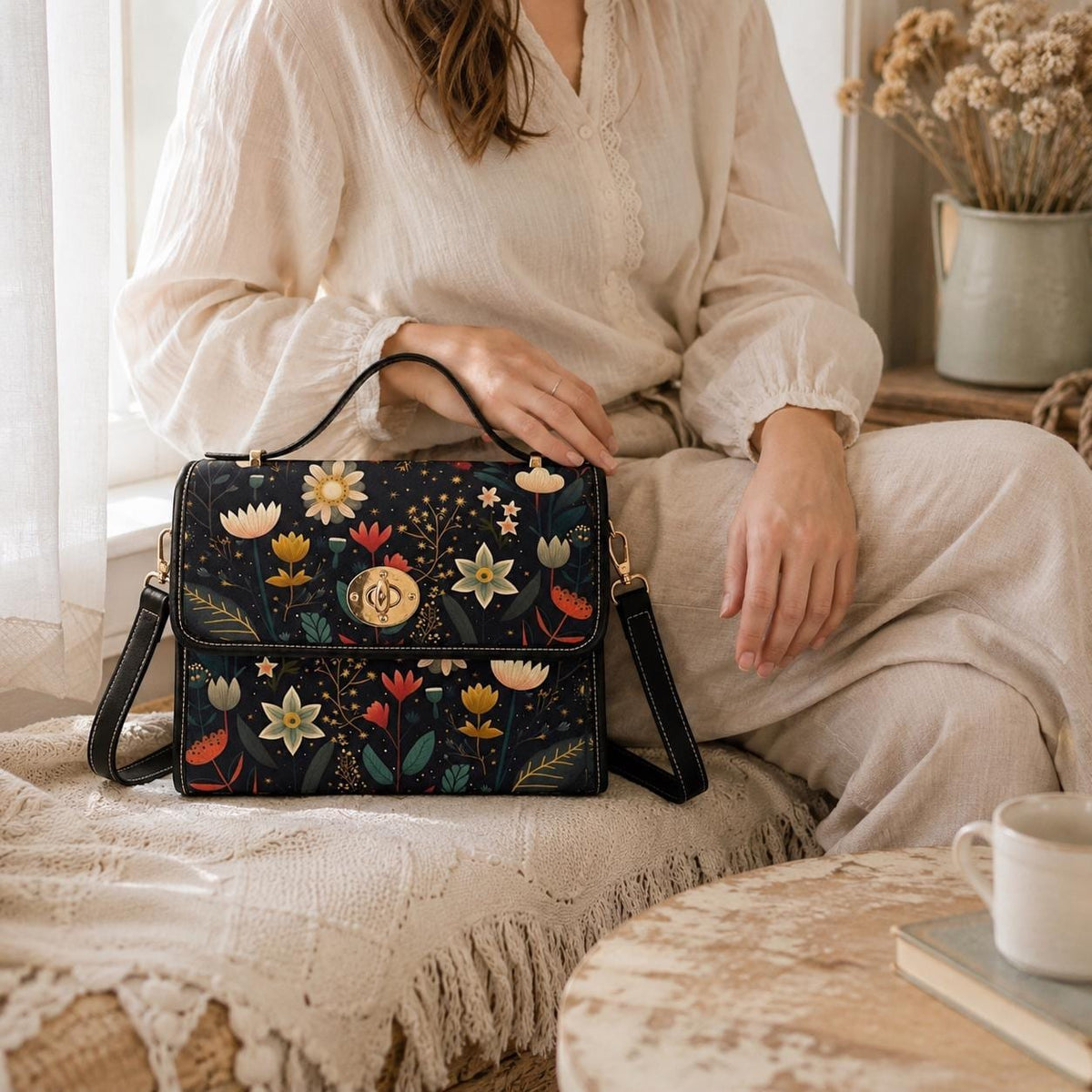 Celestial Floral Crossbody Bag, Moonlit Satchel Purse, Dark Cottagecore Handbag