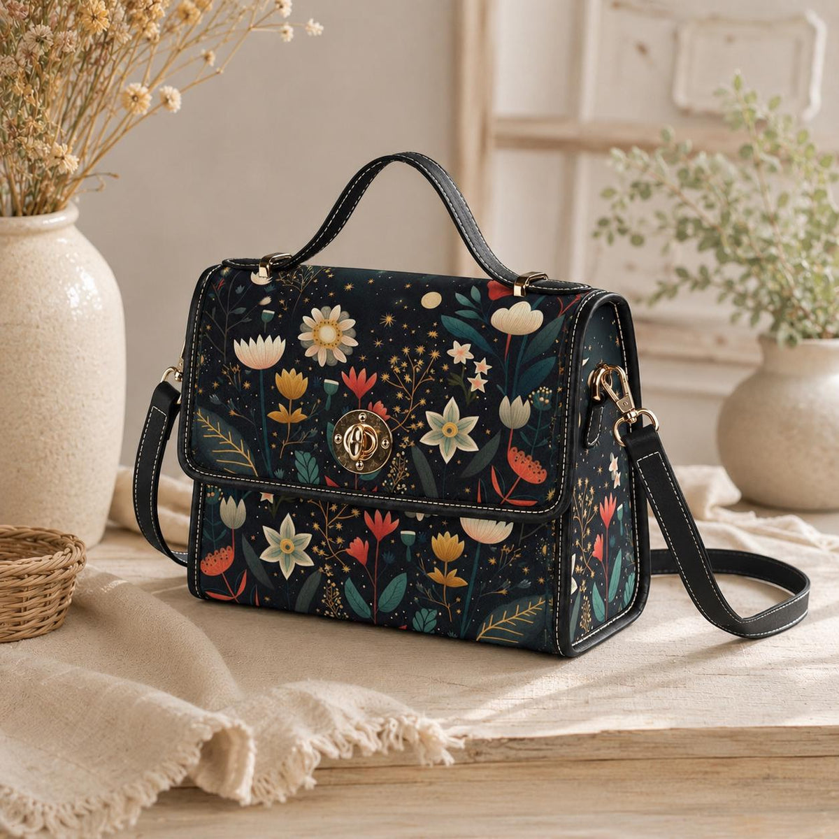 Celestial Floral Crossbody Bag, Moonlit Satchel Purse, Dark Cottagecore Handbag