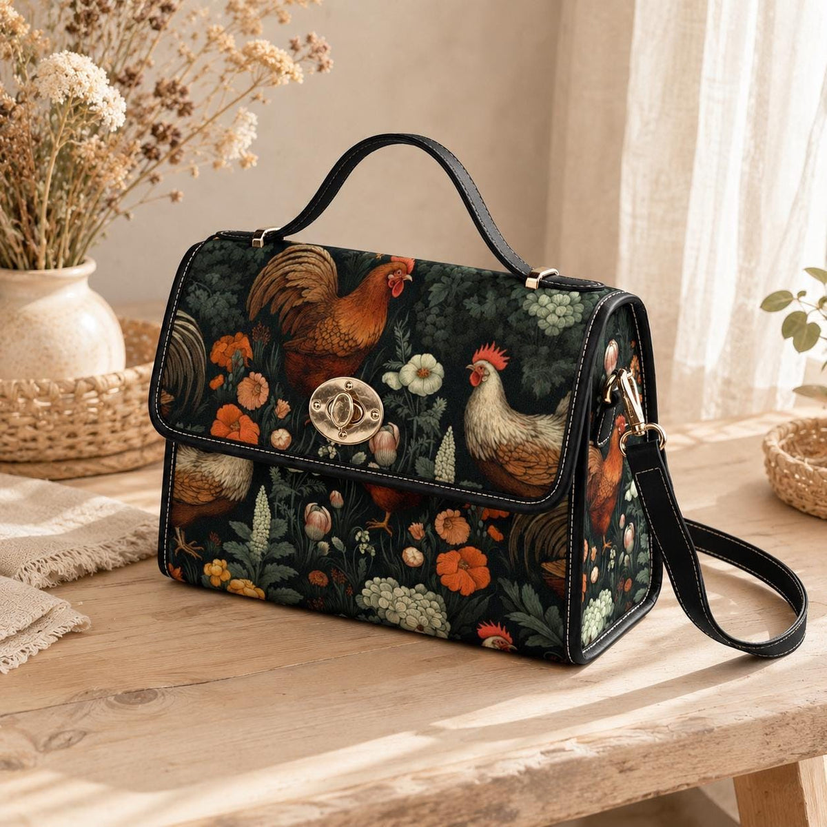 Rooster & Hen Garden Handbag – Rustic Countryside Farmhouse bag