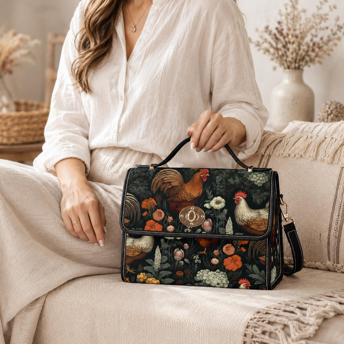 Rooster & Hen Garden Handbag – Rustic Countryside Farmhouse bag