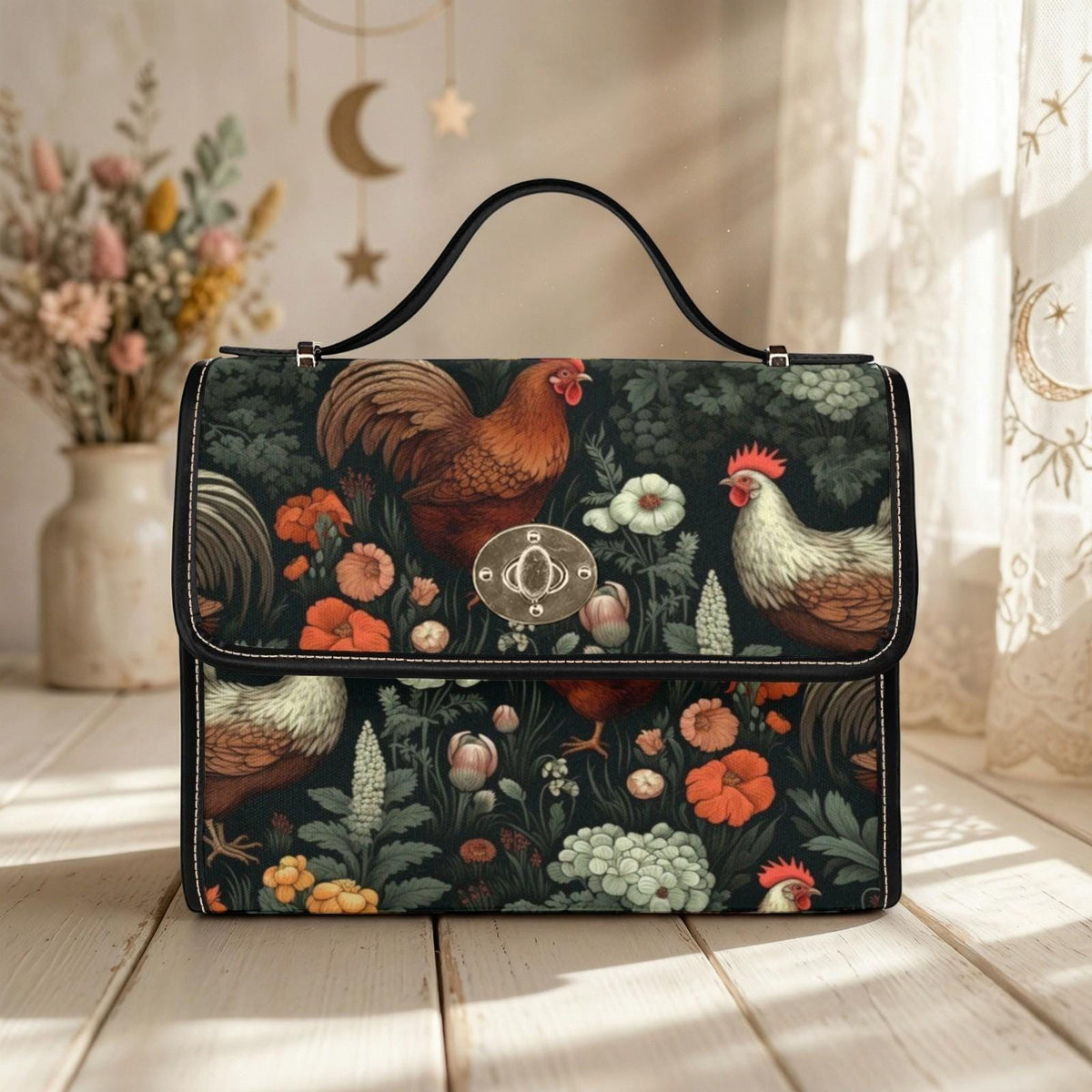 Rooster & Hen Garden Handbag – Rustic Countryside Farmhouse bag