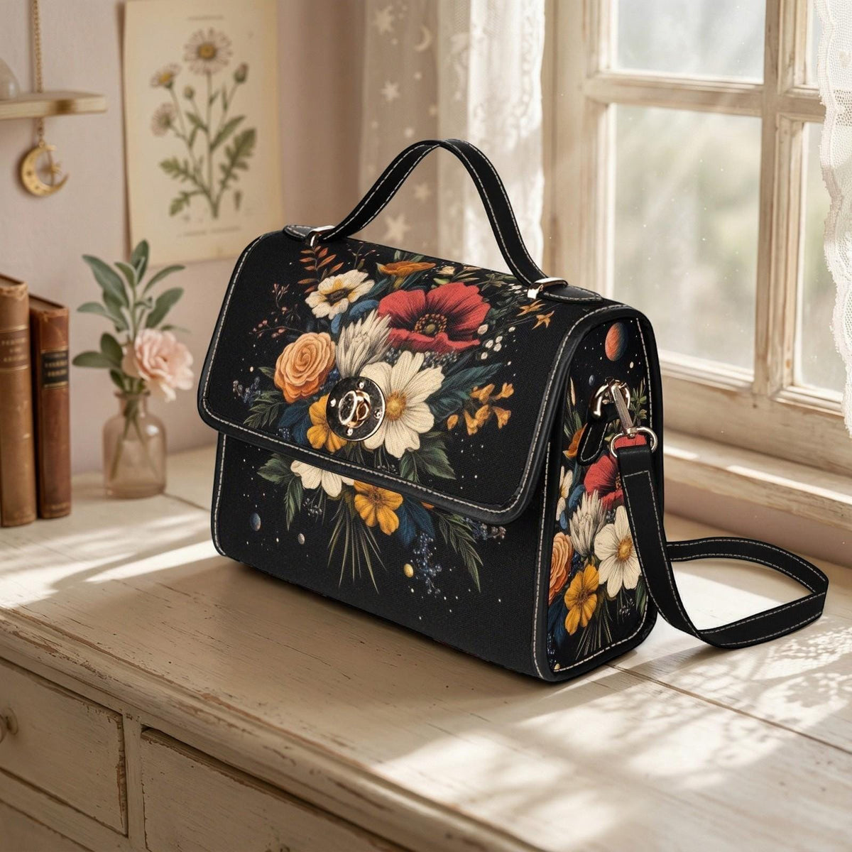 Dark Floral Satchel Purse, Vintage Bouquet Top Handle Handbag