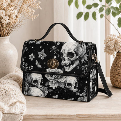 Dark Floral Skeleton Skull Crossbody Bag, Gothic Witchy Shoulder Tote, Spooky Occult Fashion Handbag