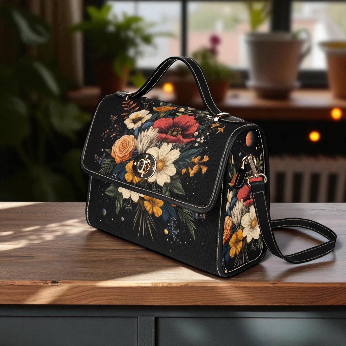 Dark Floral Satchel Purse, Vintage Bouquet Top Handle Handbag
