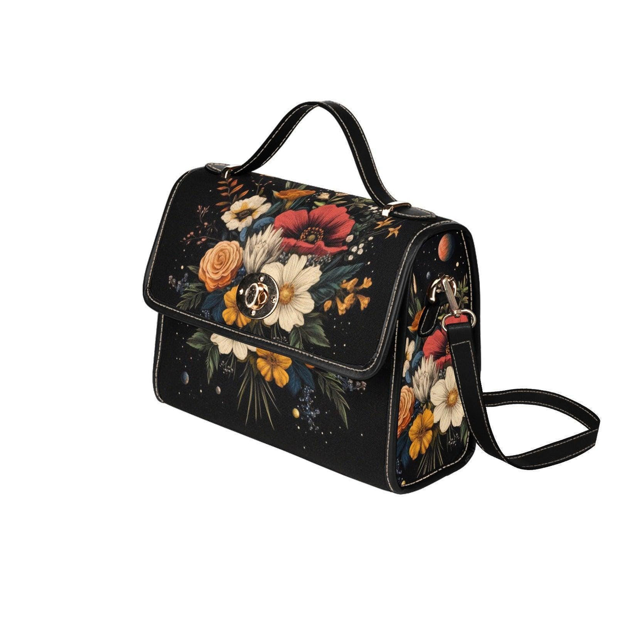 Dark Floral Satchel Purse, Vintage Bouquet Top Handle Handbag