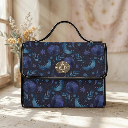 Blue Celestial Top Handle Bag, Moon Stars Purse, Night Sky Handbag
