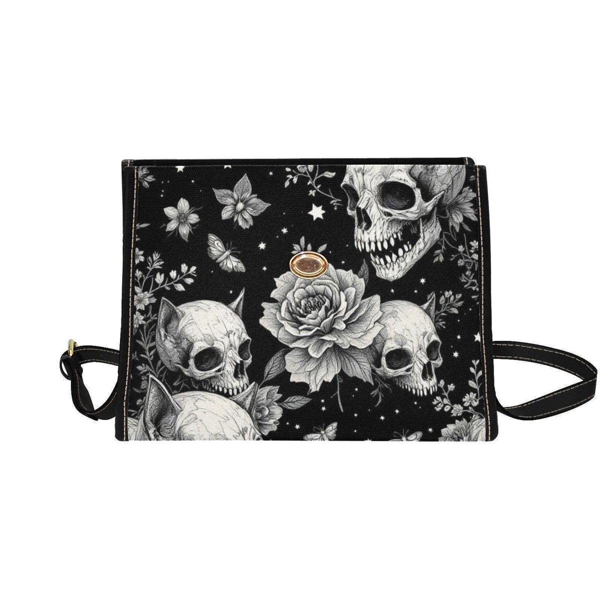 Dark Floral Skeleton Skull Crossbody Bag, Gothic Witchy Shoulder Tote, Spooky Occult Fashion Handbag