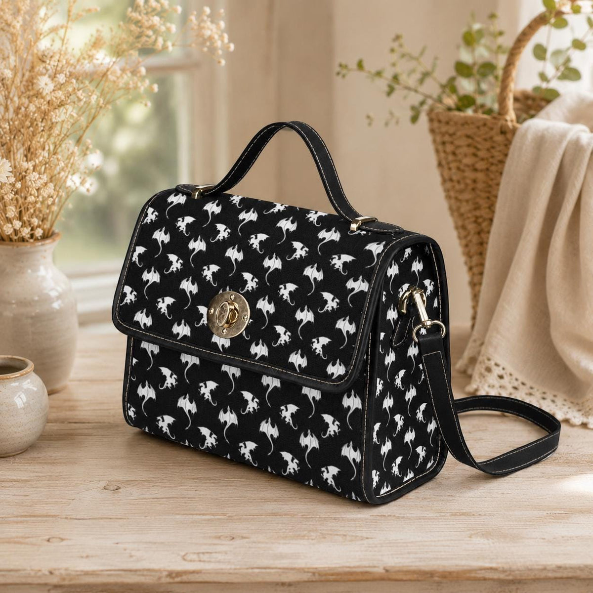 Dragon Print Crossbody Purse, Gothic Top Handle Handbag, Black Fantasy Satchel Bag