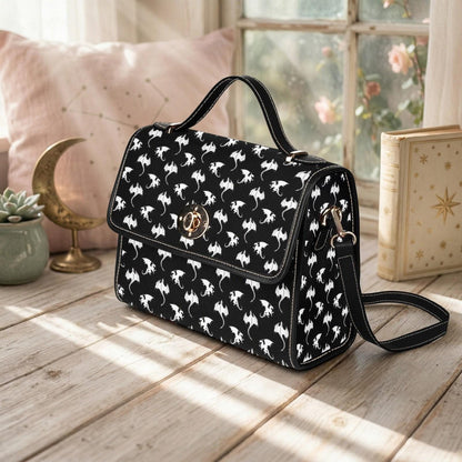 Dragon Print Crossbody Purse, Gothic Top Handle Handbag, Black Fantasy Satchel Bag