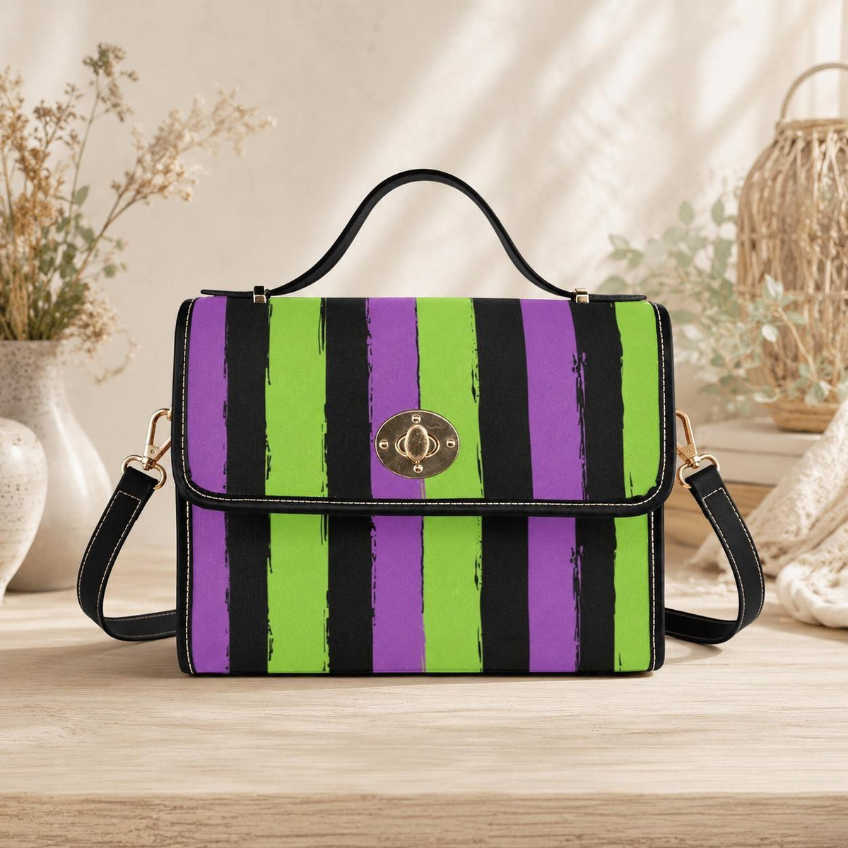 Halloween satchel purse, purple green striped handbag, gothic top handle bag