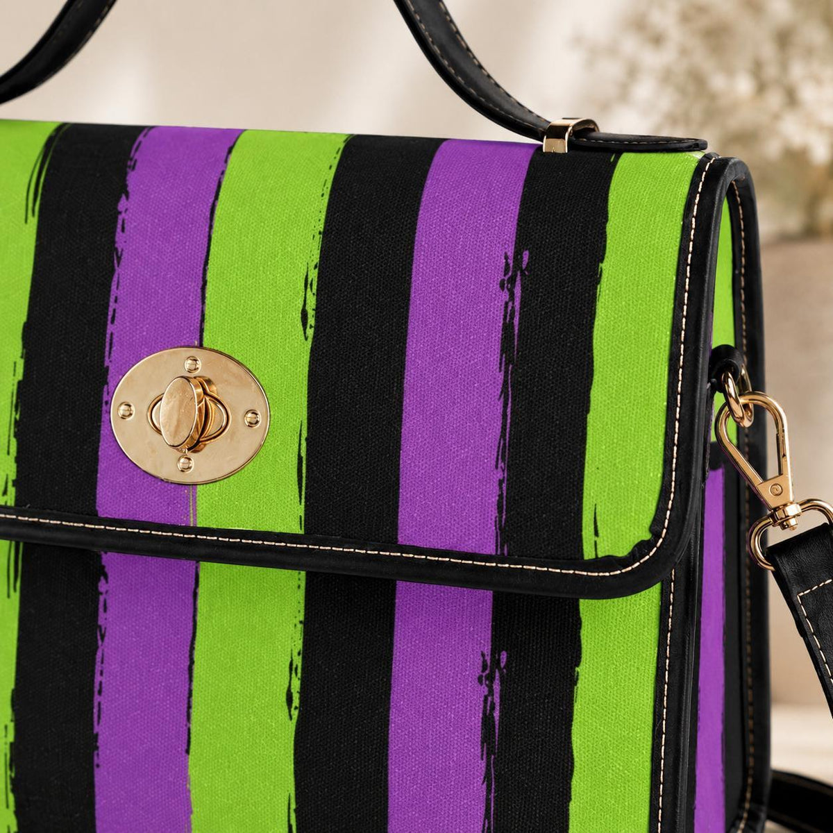 Halloween satchel purse, purple green striped handbag, gothic top handle bag