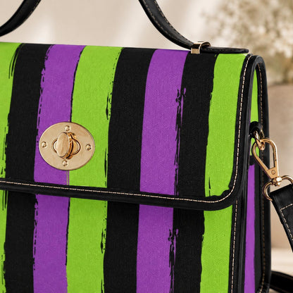 Halloween satchel purse, purple green striped handbag, gothic top handle bag