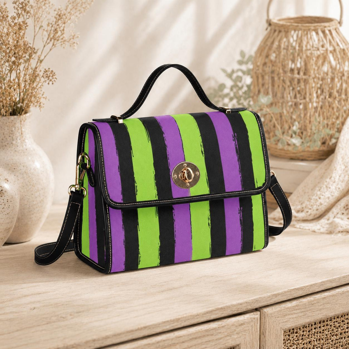 Halloween satchel purse, purple green striped handbag, gothic top handle bag