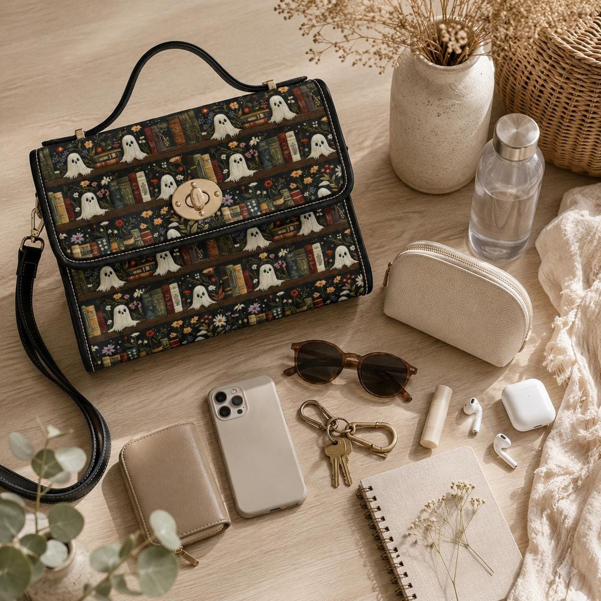 Ghost library satchel, spooky book print crossbody bag, witchy academia purse, haunted books tote