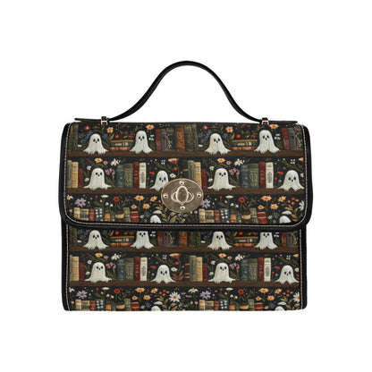 Ghost library satchel, spooky book print crossbody bag, witchy academia purse, haunted books tote