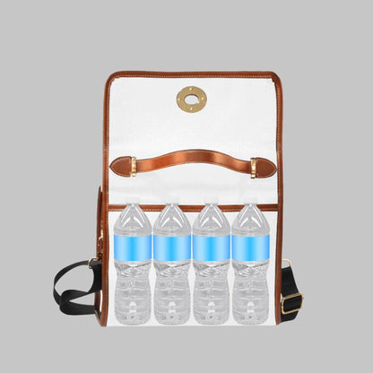 A white bag with a brown leather strap, designed to hold four clear plastic water bottles.