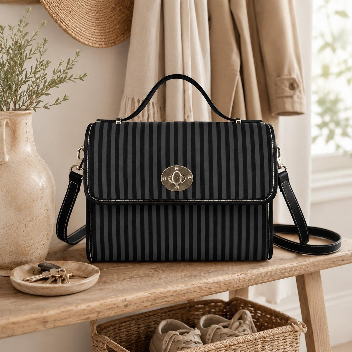 Striped Crossbody Shoulder Bag, Black Goth Bag, Gothic Moth Bag