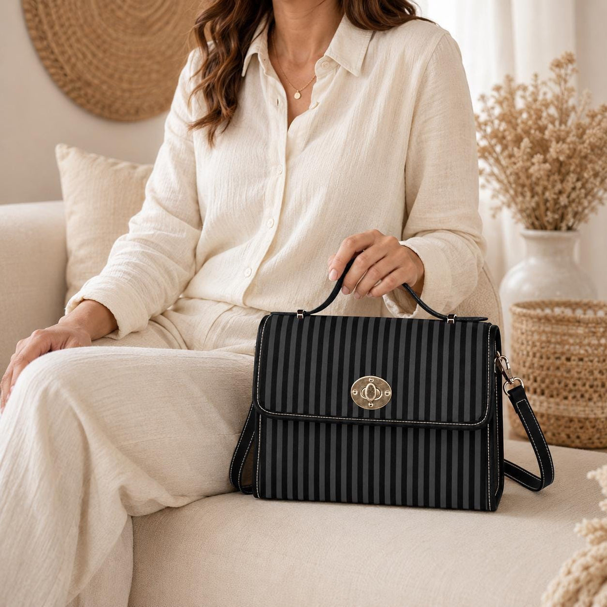 Striped Crossbody Shoulder Bag, Black Goth Bag, Gothic Moth Bag