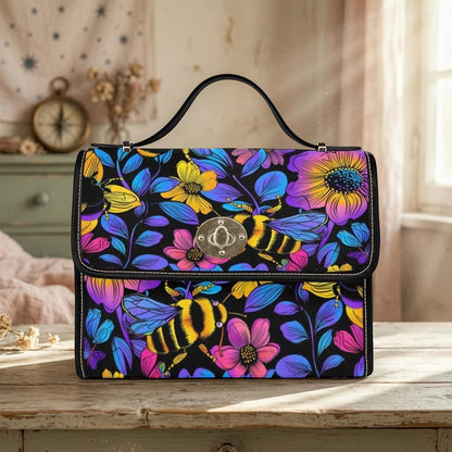 Bumble Bee Handbag, Neon Floral Satchel, Wildflower Top Handle Bag