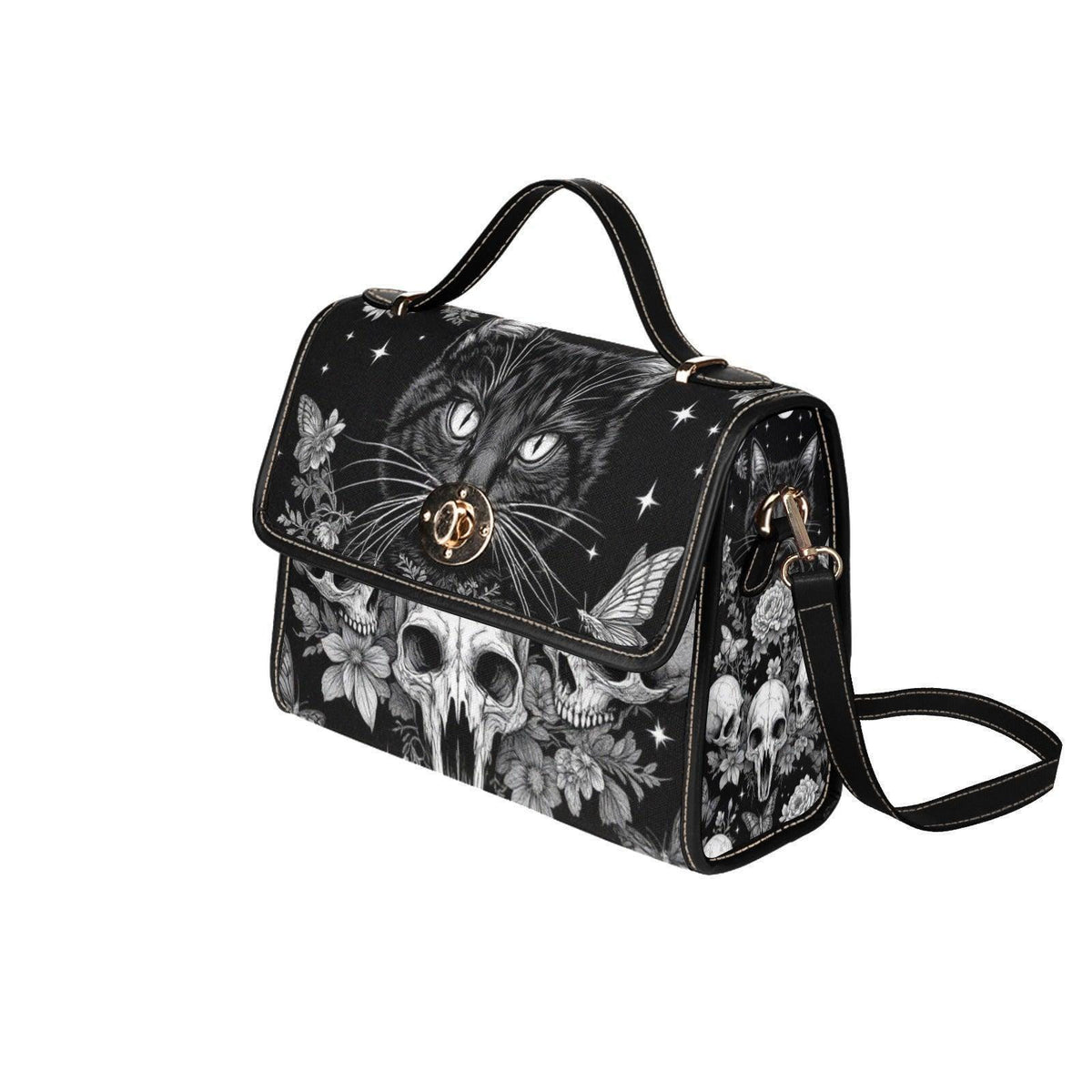 Black Cat Skull Purse, Gothic Moth and Star Satchel Bag, White Flower Vegan Handbag with Gold Turn Lock for Witchy Everyday Carry