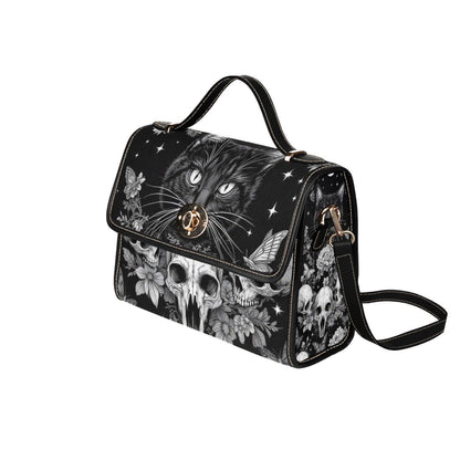 Black Cat Skull Purse, Gothic Moth and Star Satchel Bag, White Flower Vegan Handbag with Gold Turn Lock for Witchy Everyday Carry