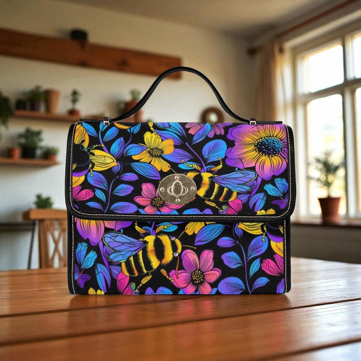 Bumble Bee Handbag, Neon Floral Satchel, Wildflower Top Handle Bag