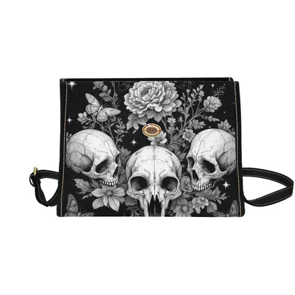 Black Cat Skull Purse, Gothic Moth and Star Satchel Bag, White Flower Vegan Handbag with Gold Turn Lock for Witchy Everyday Carry