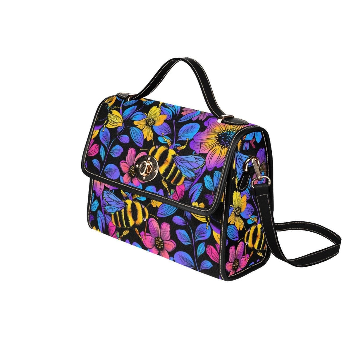 Bumble Bee Handbag, Neon Floral Satchel, Wildflower Top Handle Bag