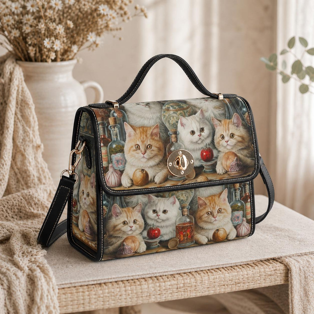 Cat Lover Purse with Kittens, Witchy Apothecary Handbag, Cute Top Handle Bag
