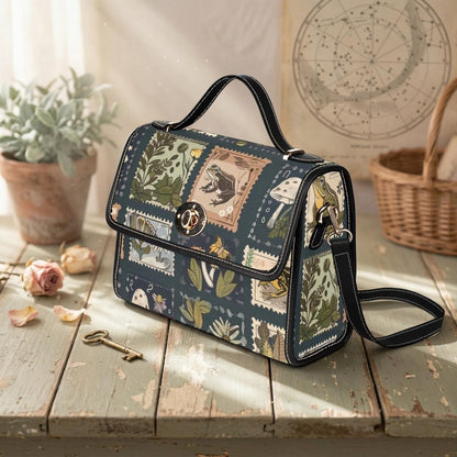 Cottagecore Satchel Bag, Vintage Stamp Print Crossbody Purse with Frog Mushroom Botanical Print