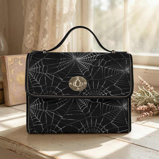 Spiderweb Canvas Satchel Vegan Leather Goth Crossbody Bag Halloween Spooky Bat Purse