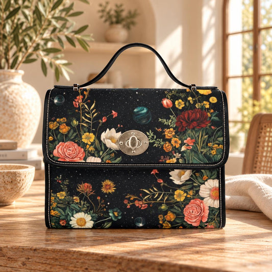 Celestial Floral Satchel Bag, Dark Botanical Top Handle Purse, Moon Garden Handbag