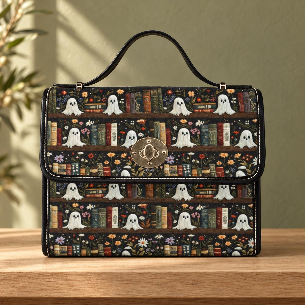 Ghost library satchel, spooky book print crossbody bag, witchy academia purse, haunted books tote