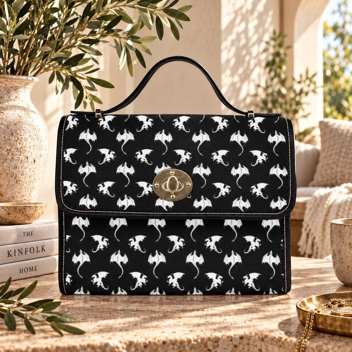 Dragon Print Crossbody Purse, Gothic Top Handle Handbag, Black Fantasy Satchel Bag