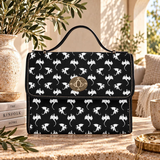 Dragon Print Crossbody Purse, Gothic Top Handle Handbag, Black Fantasy Satchel Bag