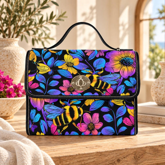 Bumble Bee Handbag, Neon Floral Satchel, Wildflower Top Handle Bag