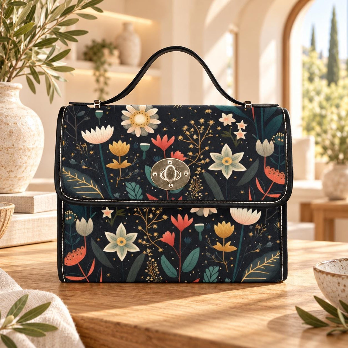 Celestial Floral Crossbody Bag, Moonlit Satchel Purse, Dark Cottagecore Handbag