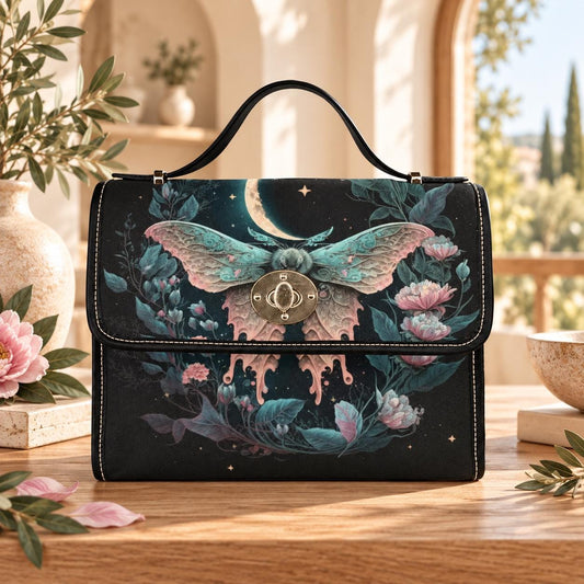 Moon moth handbag, dark floral top handle purse, celestial evening bag